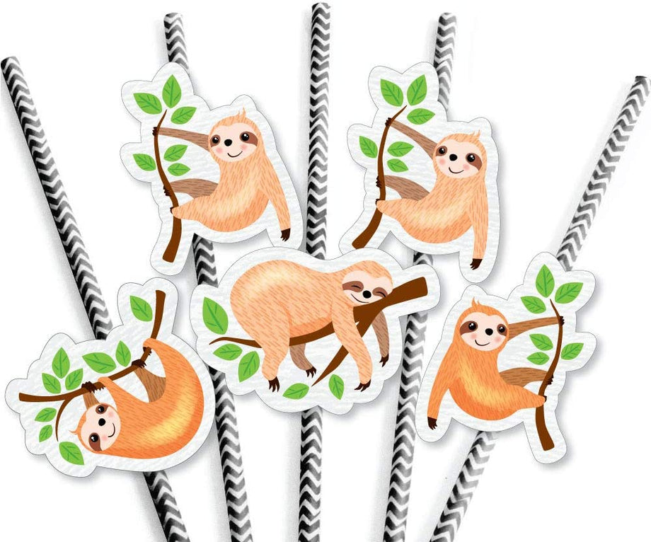 24-Pack Sloth Party Straws With Cutouts - Baby Shower & Birthday Party Decorations