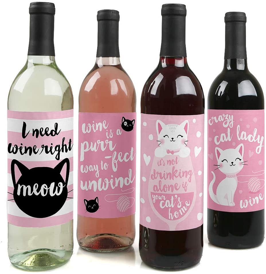 Purr-fect Kitty Cat Kitten Meow Birthday Party Decorations for Women and Men Wine Bottle Label Stickers Set of