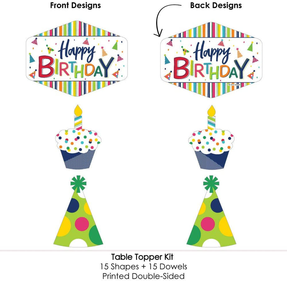 Cheerful Happy Birthday Centerpiece Sticks - Set Of 15, Colorful Table Toppers, DIY Party Decor