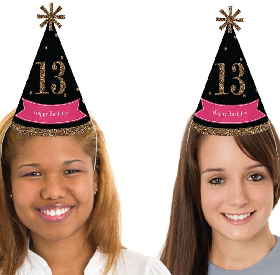 Chic 13th Birthday Pink, Black and Gold Cone Happy Birthday Party Hats  for Kids and Adults Set of