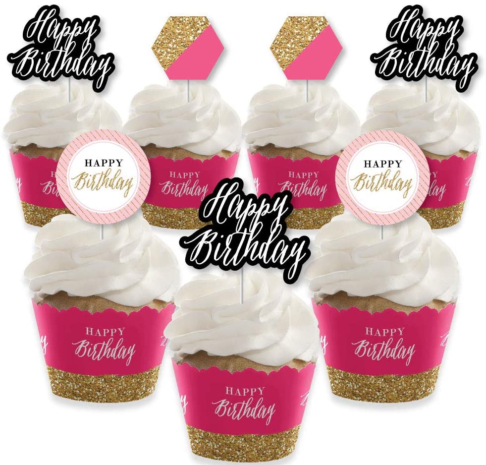 Chic Happy Birthday Pink, Black and Gold Cupcake Decoration