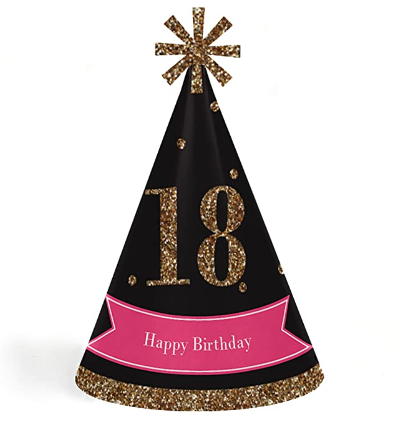 Chic 18th Birthday Pink, Black and Gold Cone Happy Birthday Party Hats  for Kids and Adults Set of