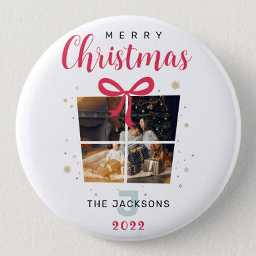 Monogram Christmas Photos, elegant, custom family 3 Inch Round Button ...